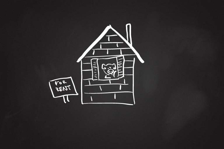 A drawing of a pig in a brick house with a For Rent sign in the front yard.
